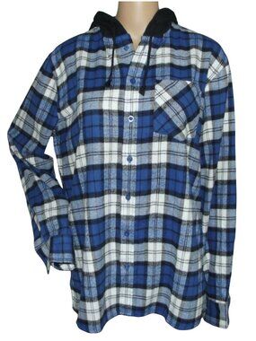 Rudolph Sportswear Hoodie Shirt Mens Large blue black white Flannel Plaid button